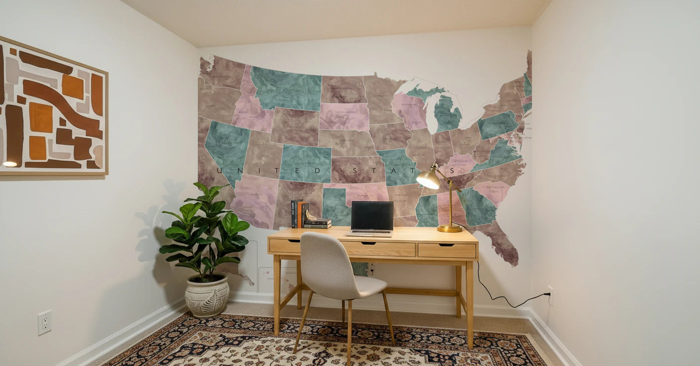 USA map with states and capitals in muted watercolor Wall Mural
