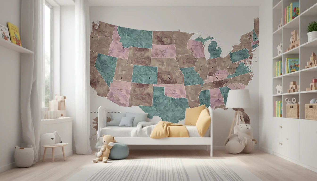 USA map with states and capitals in muted watercolor Wall Mural