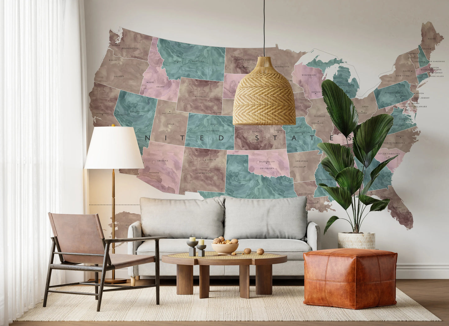 USA map with states and capitals in muted watercolor Wall Mural