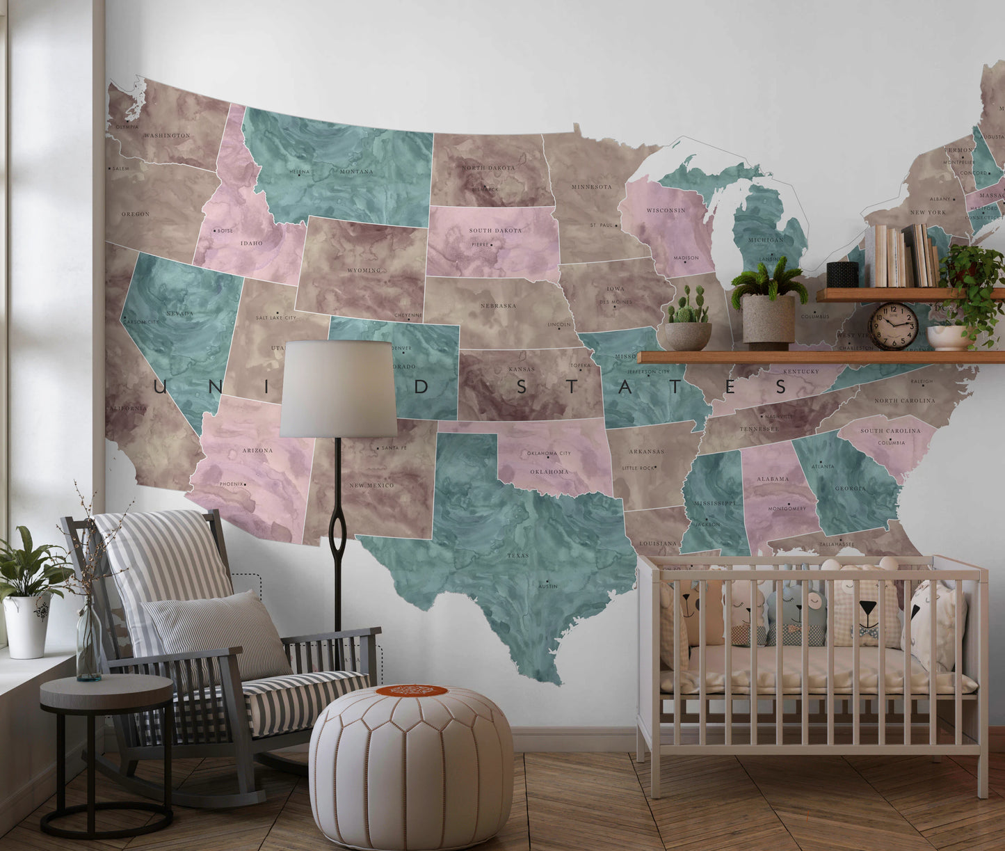 USA map with states and capitals in muted watercolor Wall Mural
