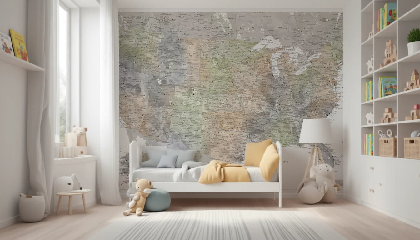 Detailed map of the USA with cities in muted watercolor, HABIKI Wall Mural