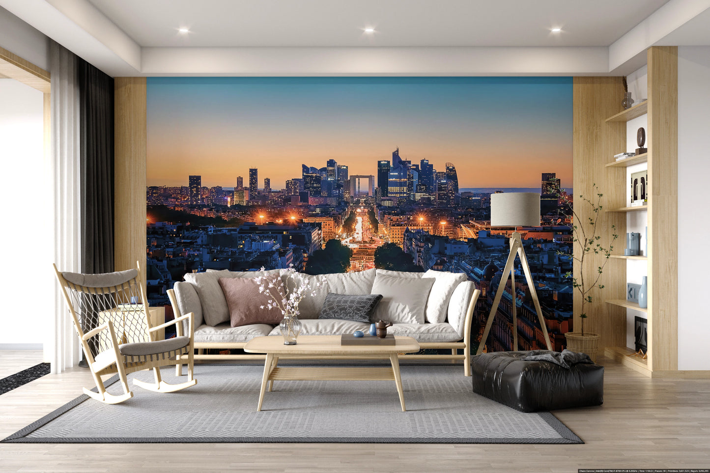 Metropolis Dusk Wall Mural in deep blue and orange tones for lounge.