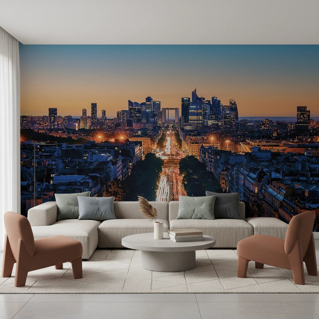 Evening city lights wall mural with road light trails for bedroom.