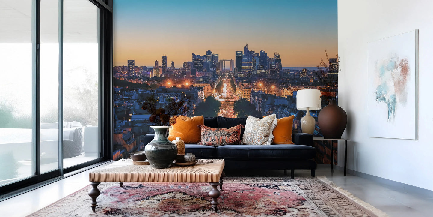 Modern city skyscraper wallpaper mural for office feature wall.