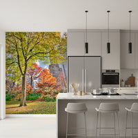 Nature and city wallpaper with golden trees for a feature wall