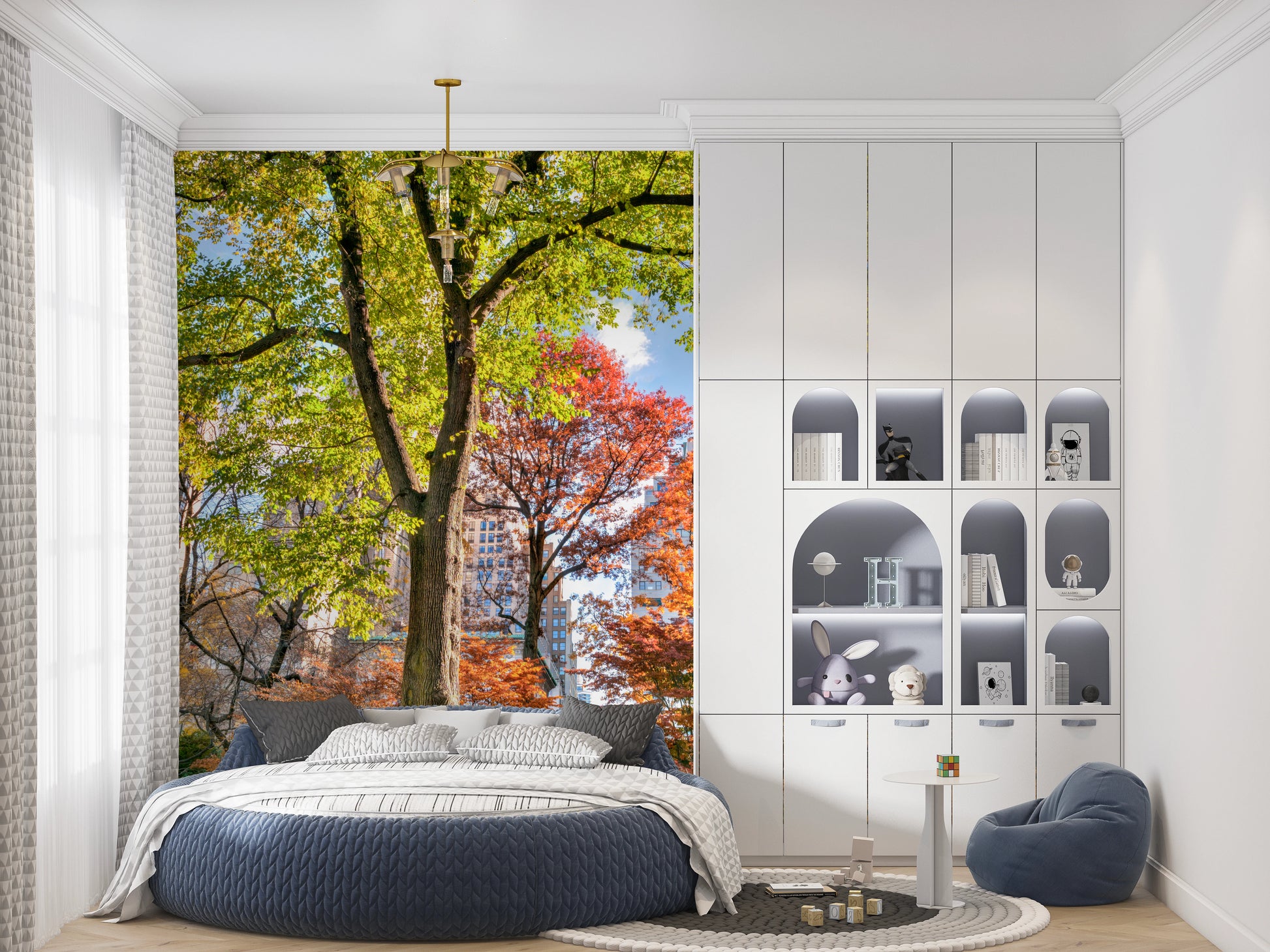 Colours of Central Park Wall Mural for bedroom walls with green and orange foliage