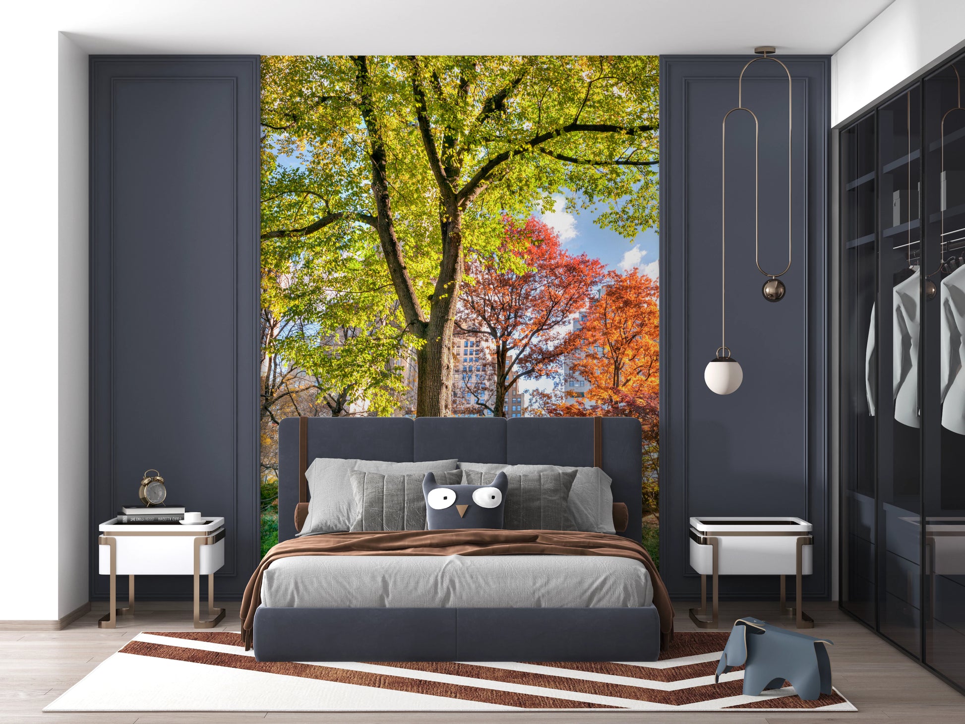 Urban park wall mural with sunlight, trees and skyline for home wall decor