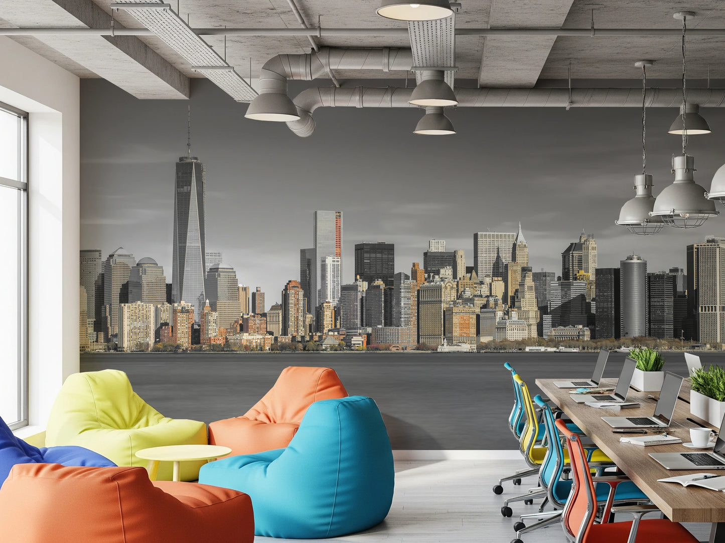 Wide city skyline wall mural for living room