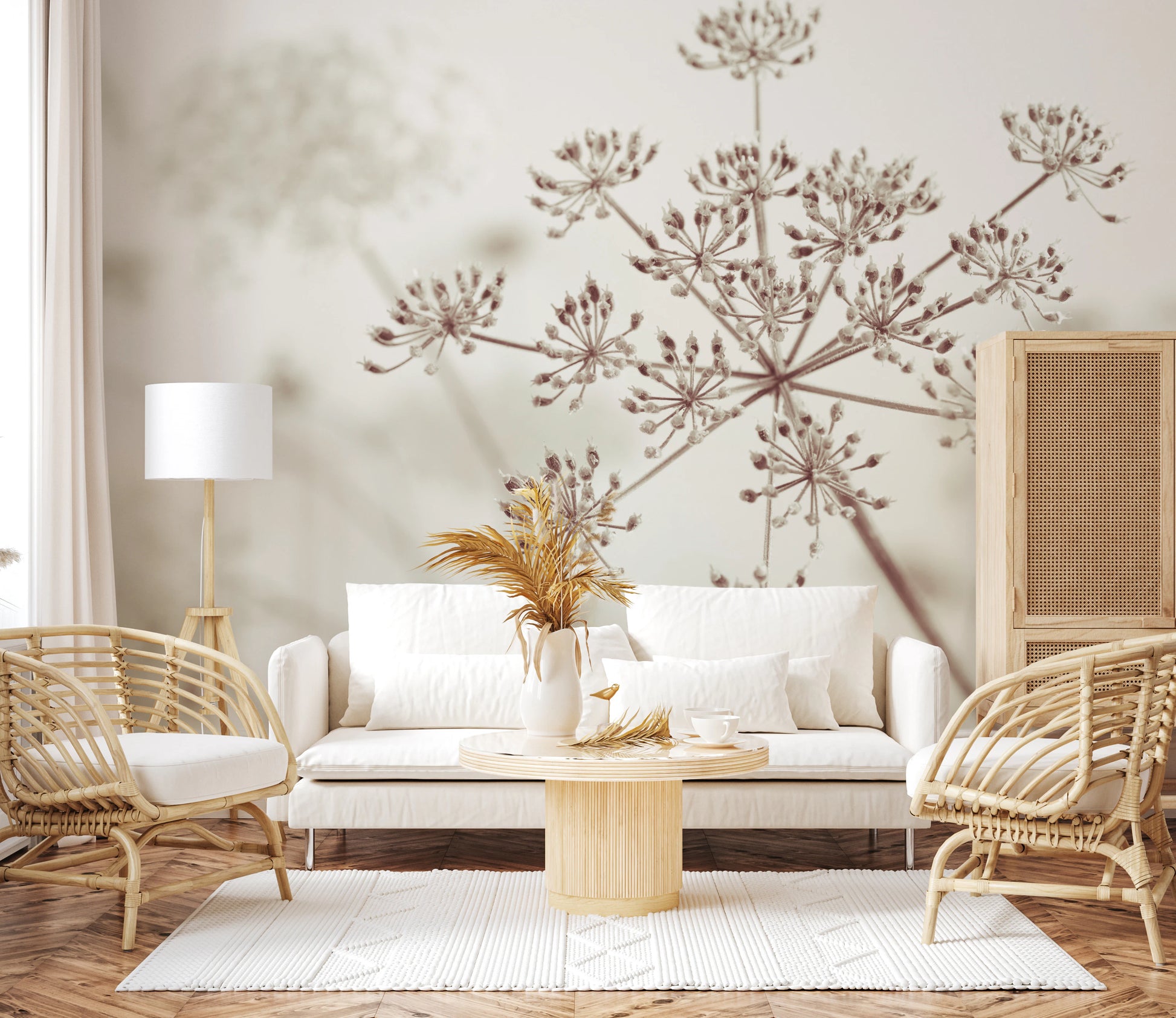 Sepia floral cow parsley mural for feature wall