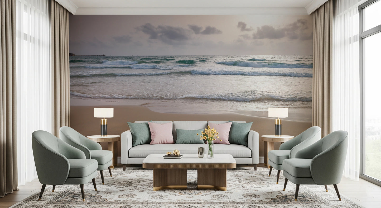 Beach themed wall mural with gentle ocean waves