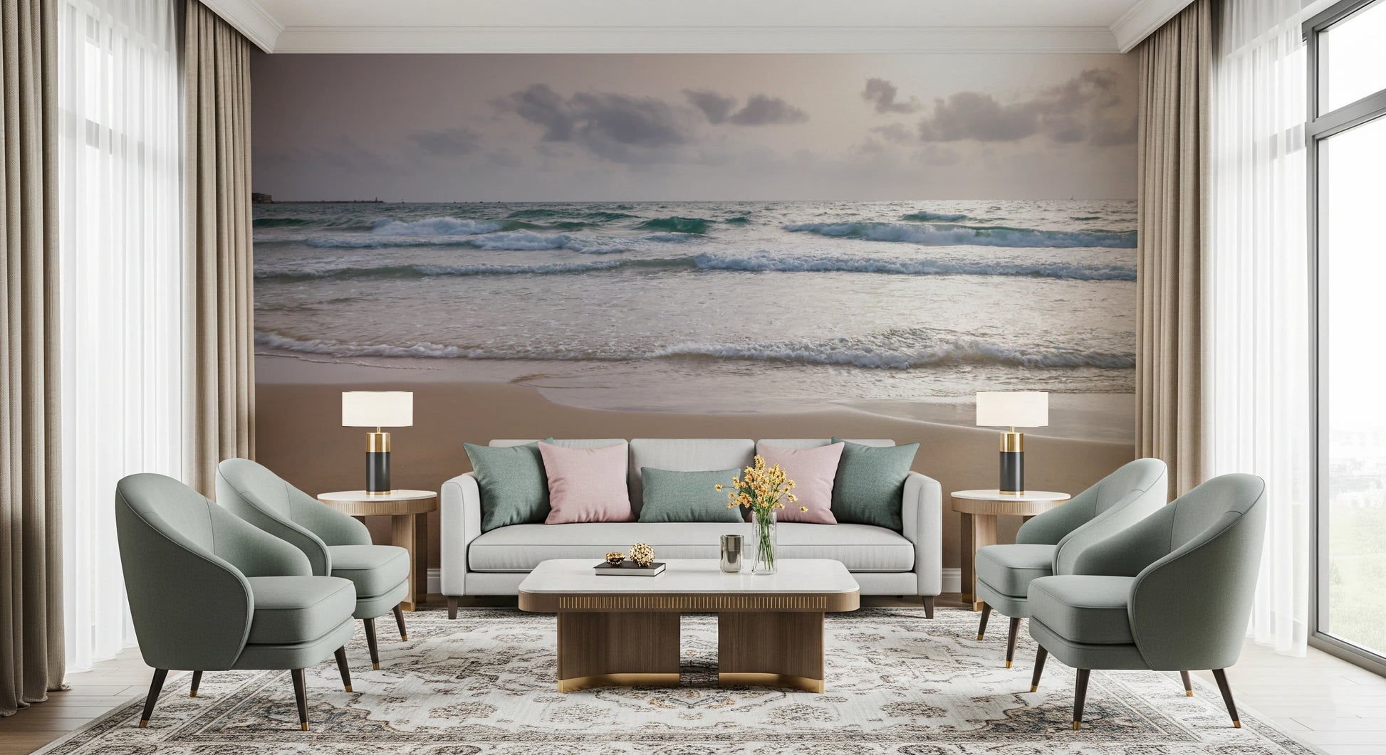 Beach themed wall mural with gentle ocean waves