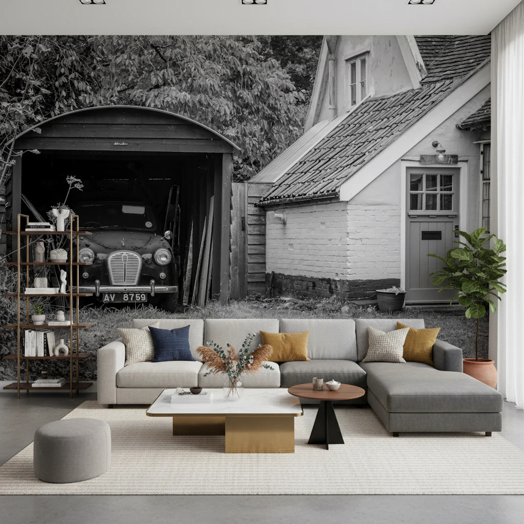 Retro car parked inside a vintage wooden garage mural