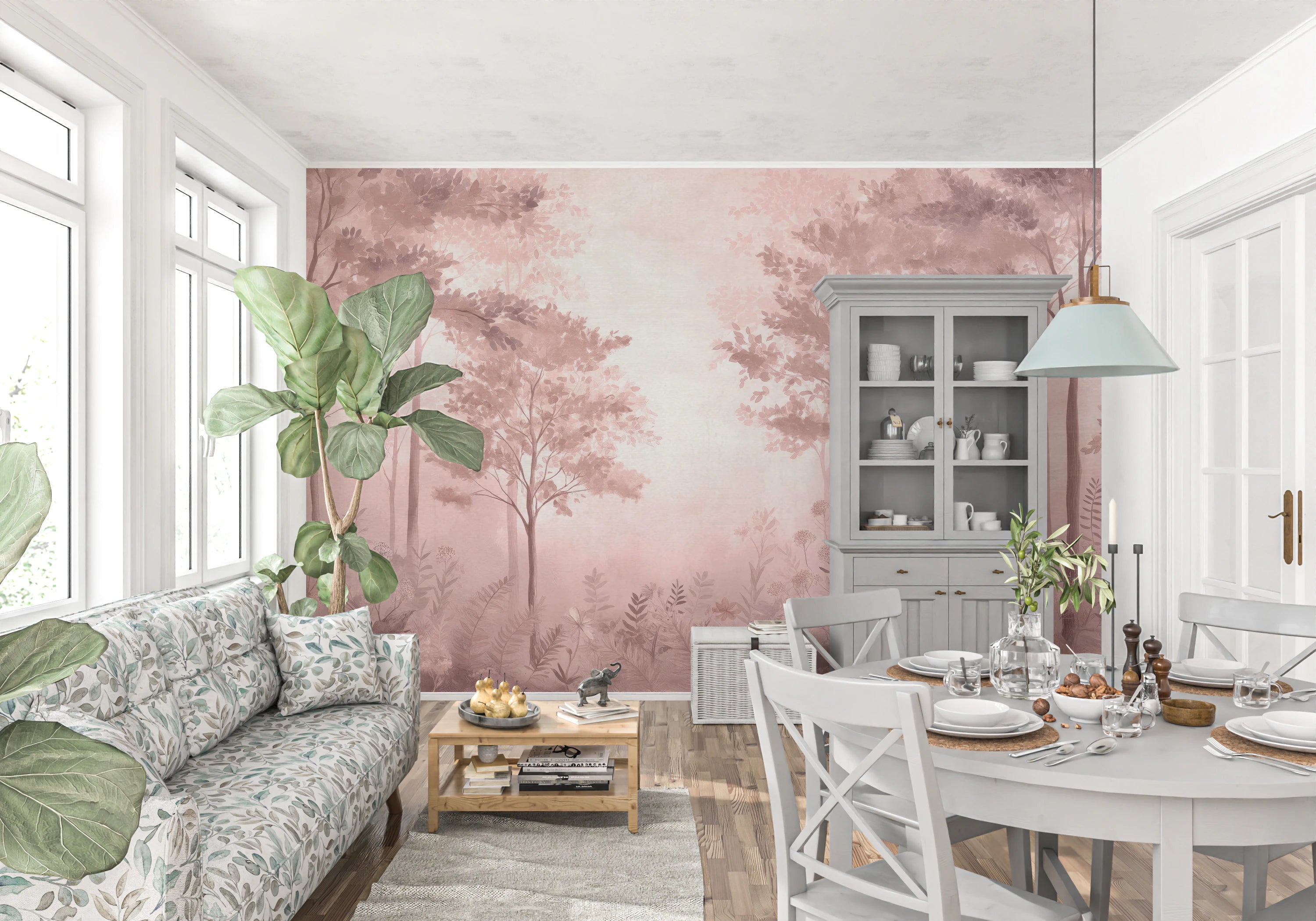 Dusty rose forest wall mural in Scandinavian style