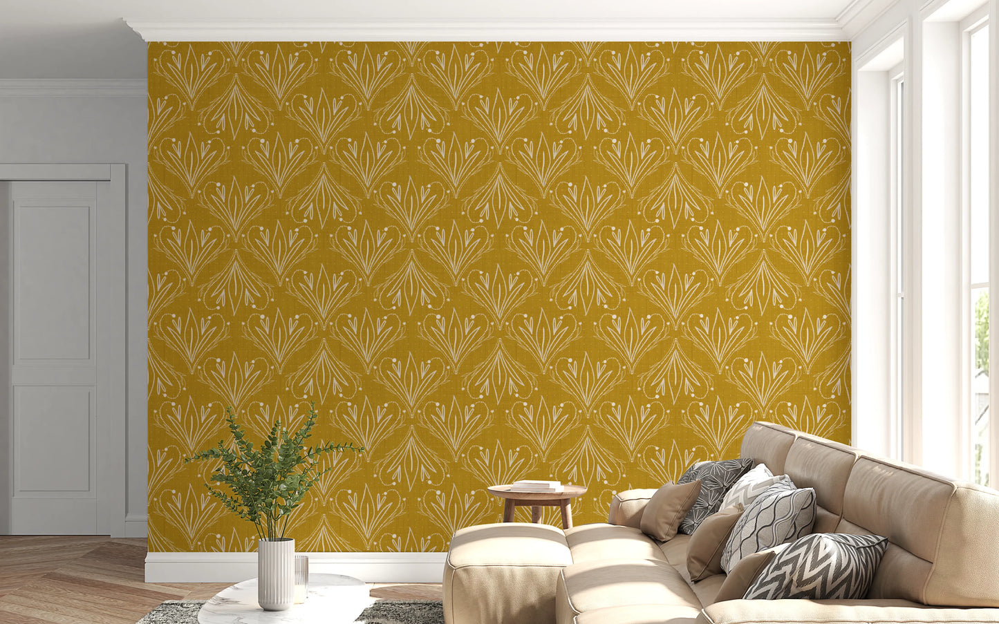 Boho Art Nouveau Folk Floral Mustard Gold Wallpaper – Hand Drawn Wallpaper⁠