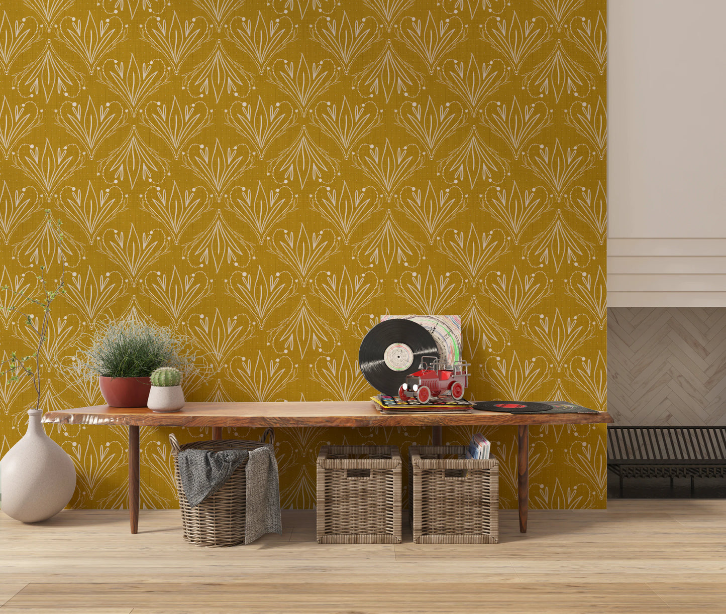 Boho Art Nouveau Folk Floral Mustard Gold Wallpaper – Hand Drawn Wallpaper⁠