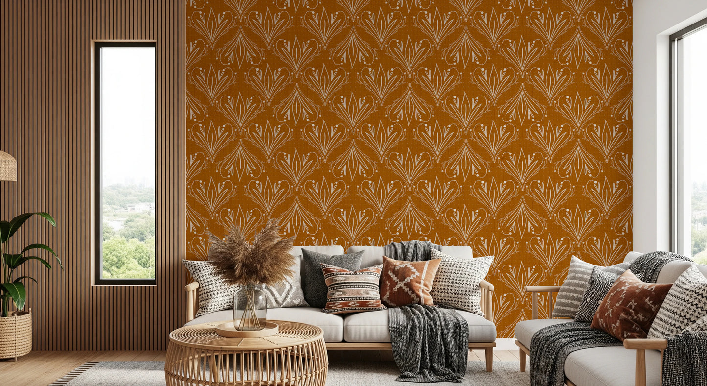 Boho Art Nouveau Folk Floral Mustard Gold Wallpaper – Hand Drawn Wallpaper⁠