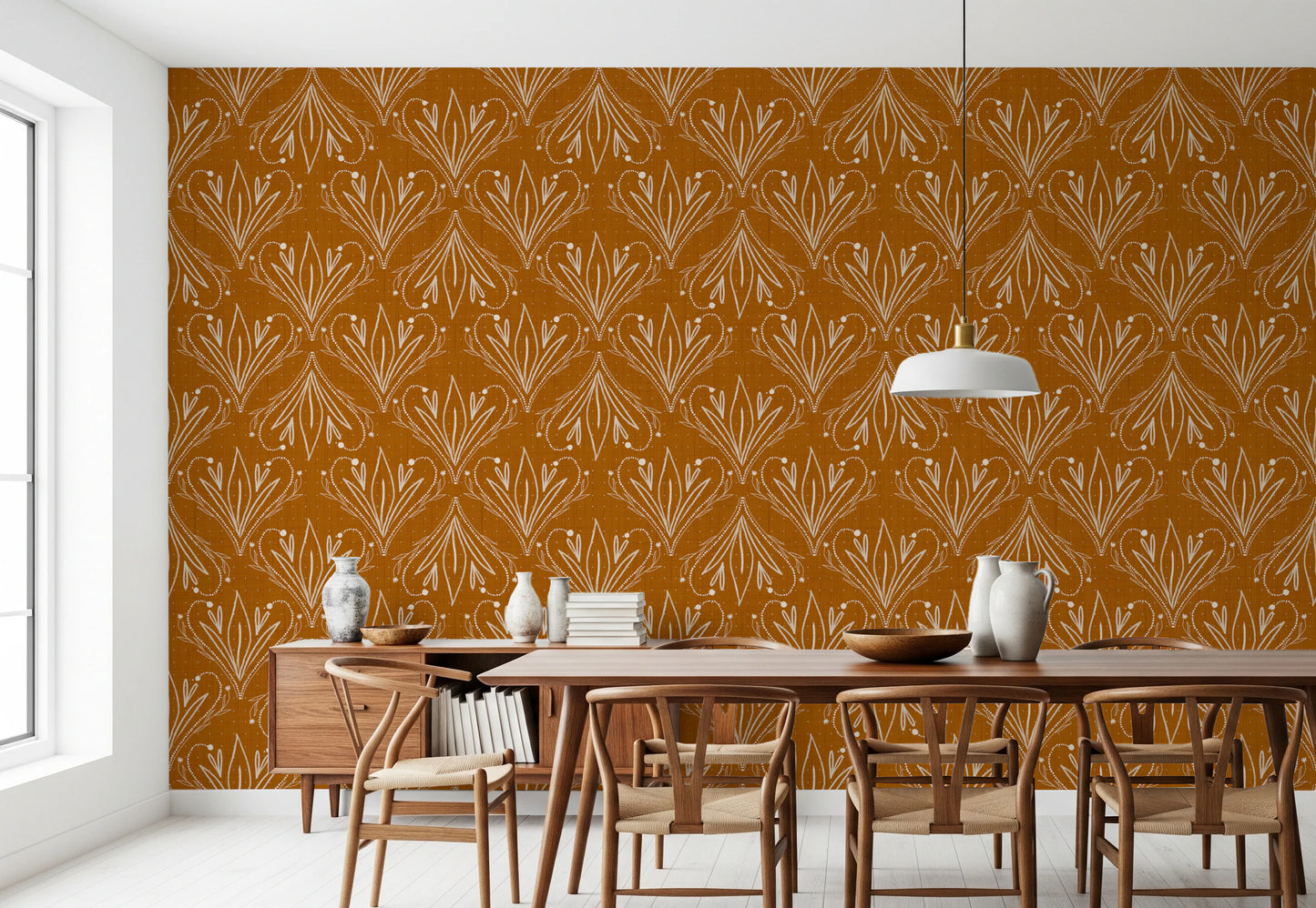 Boho Art Nouveau Folk Floral Mustard Gold Wallpaper – Hand Drawn Wallpaper⁠
