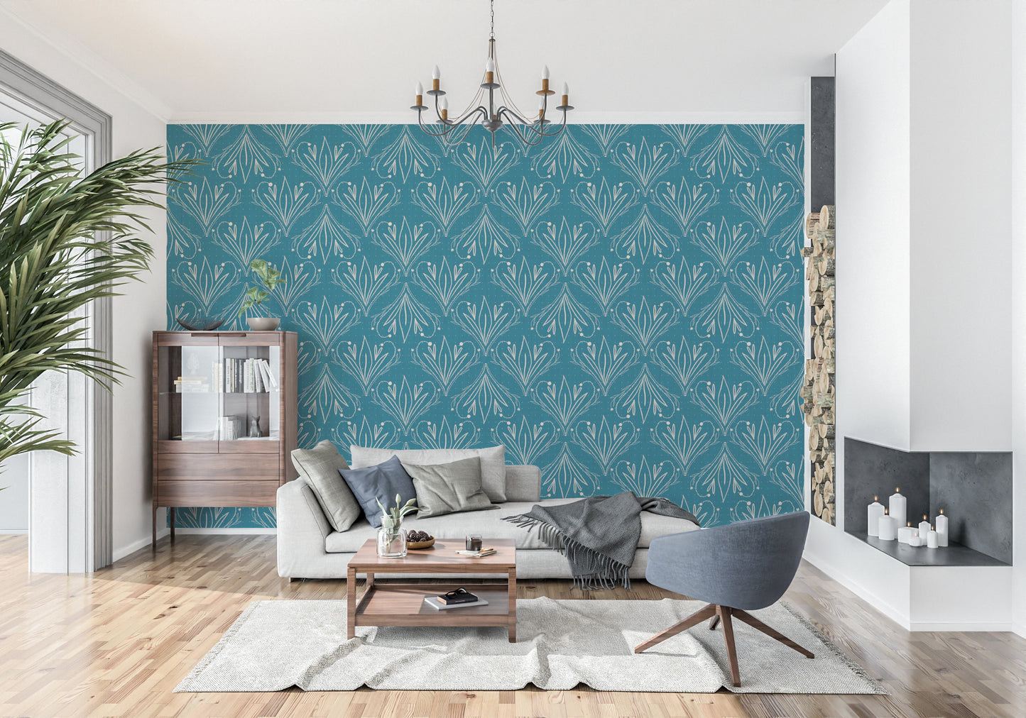 Boho Art Nouveau Folk Floral Teal Blue Wallpaper – Hand Drawn Wallpaper⁠