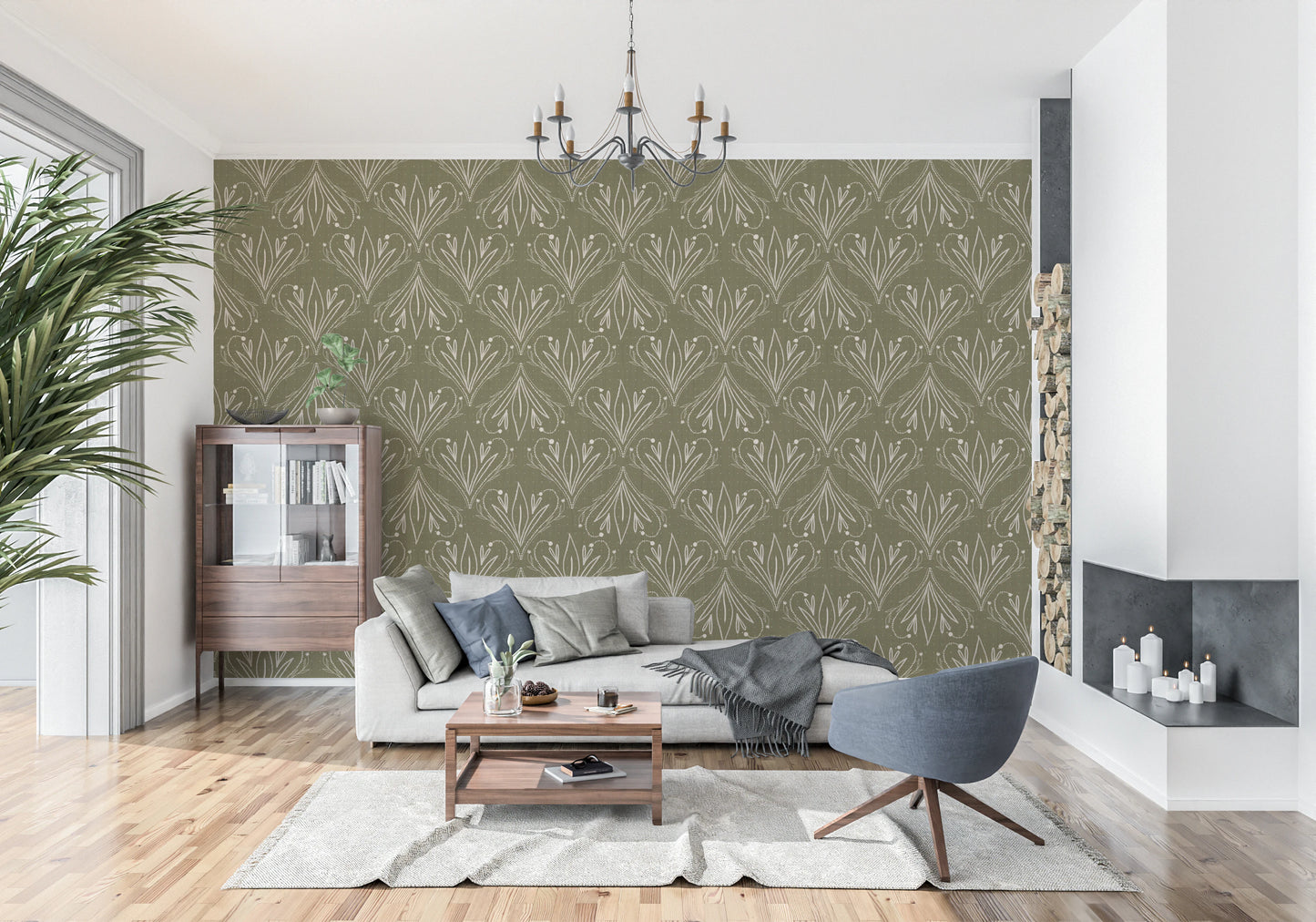 Boho Art Nouveau Folk Floral Olive Green Wallpaper – Hand Drawn Wallpaper⁠