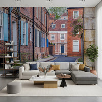 Scenic street view wallpaper for a master bedroom headboard wall.