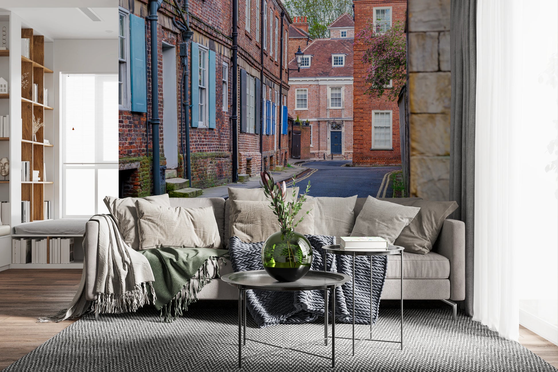 Quaint village lane wall mural with brick buildings for home decor.