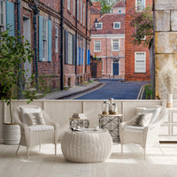 Classic European architecture wallpaper in a contemporary dining area.