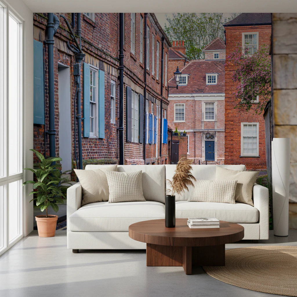 English Town Lane Wall Mural in a minimalist living room setting wallpaper.
