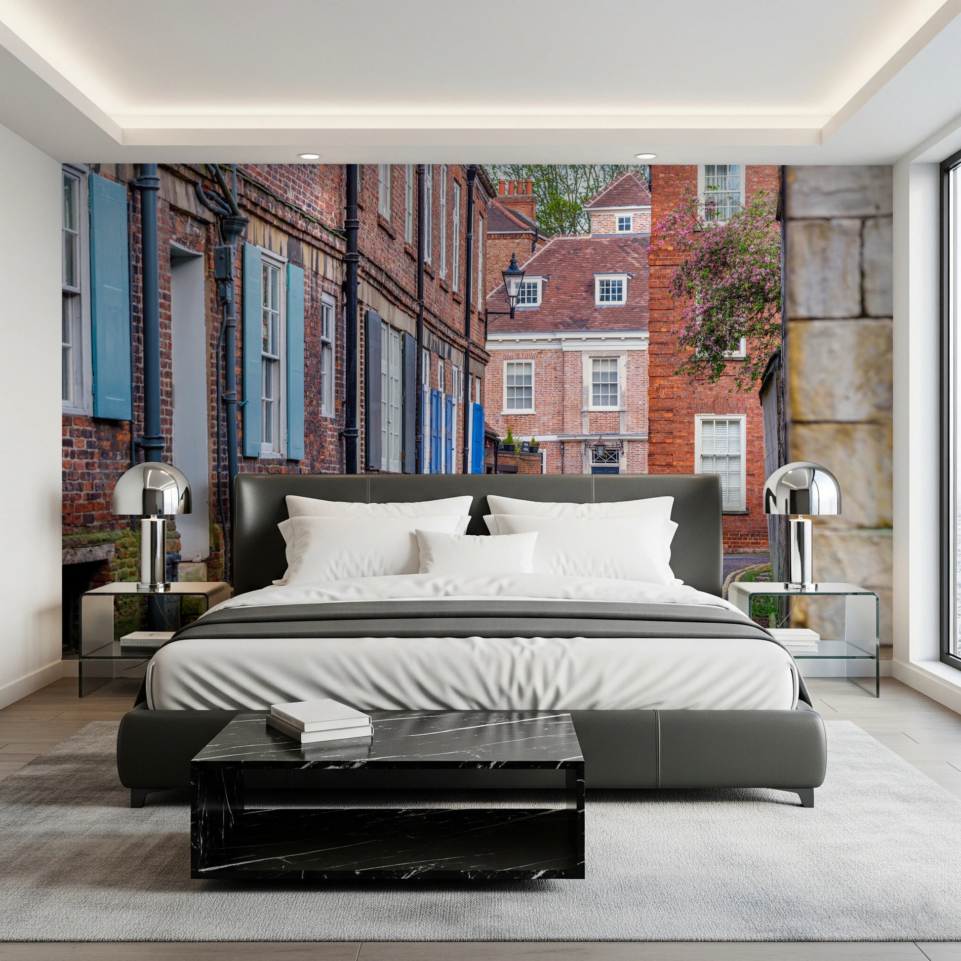 Rustic cobblestone street wall mural for a quiet study room feature wall.