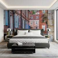 Rustic cobblestone street wall mural for a quiet study room feature wall.