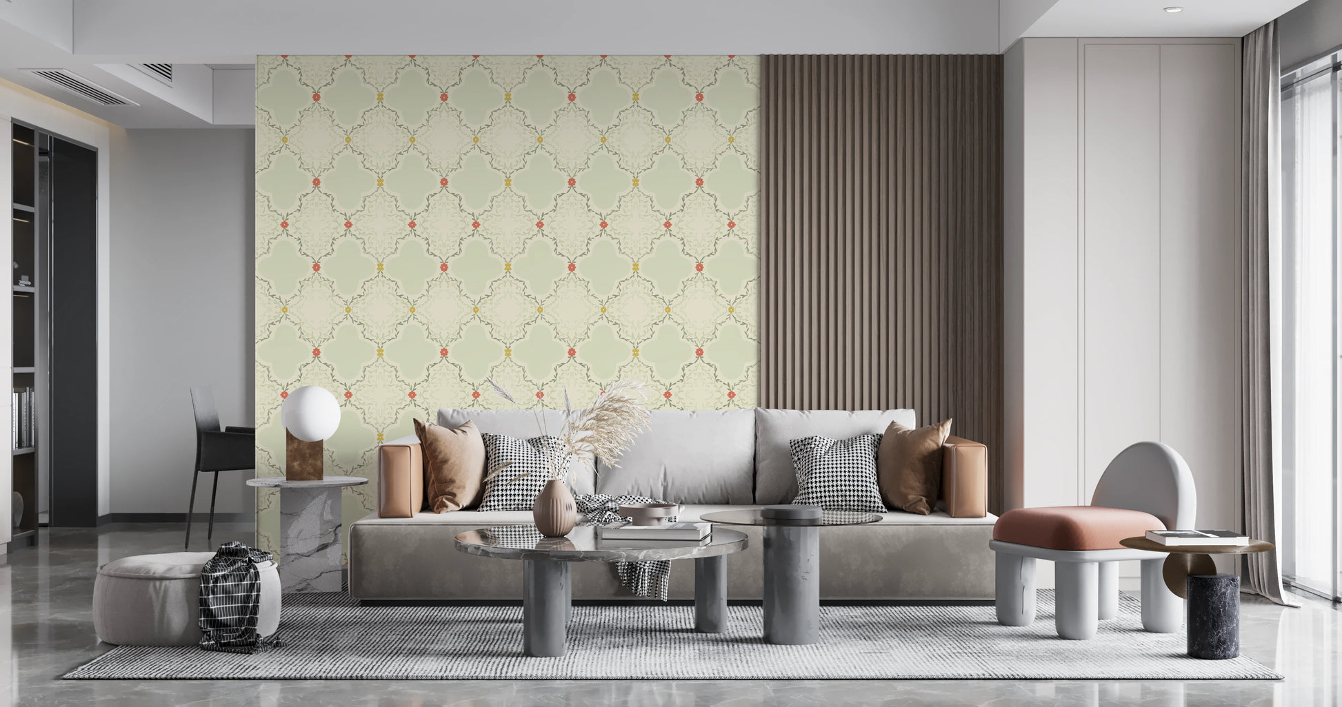 Symmetrical leaf pattern wallpaper for a balanced and calm study space.