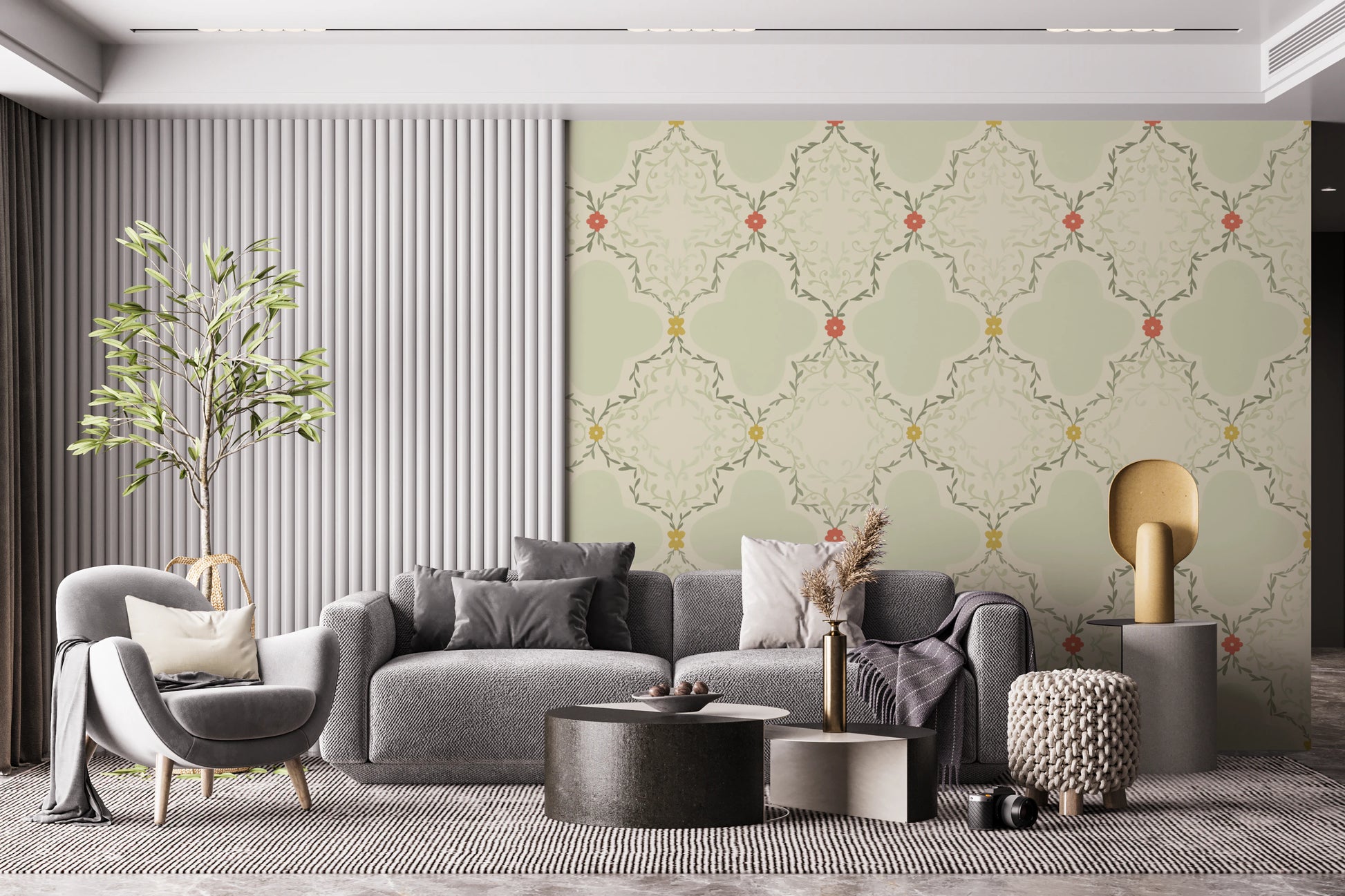 Elegant floral wall mural featuring symmetrical vine motifs in a modern home.