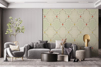 Elegant floral wall mural featuring symmetrical vine motifs in a modern home.