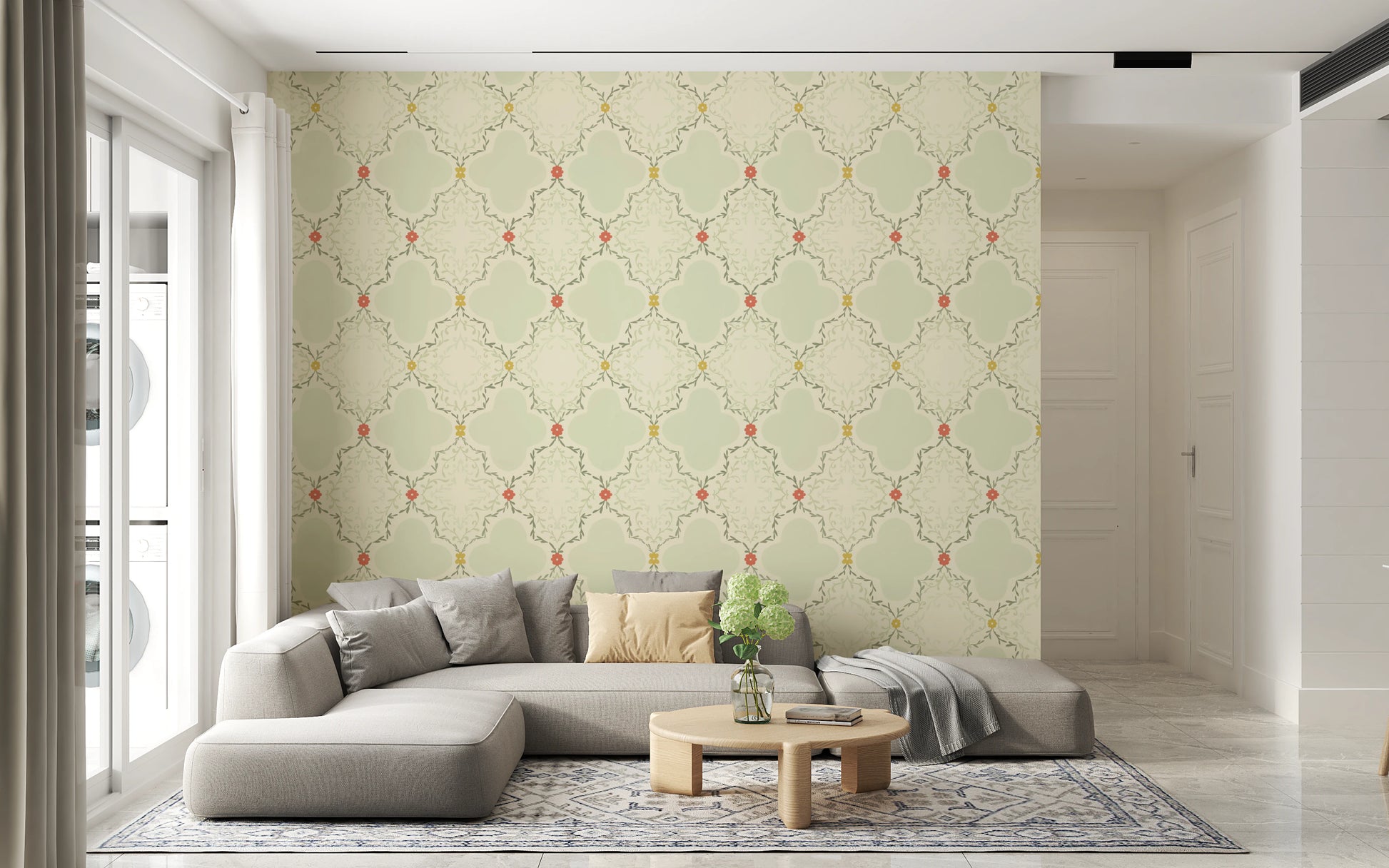 Nature inspired wall mural with delicate leaf patterns for a dining area.