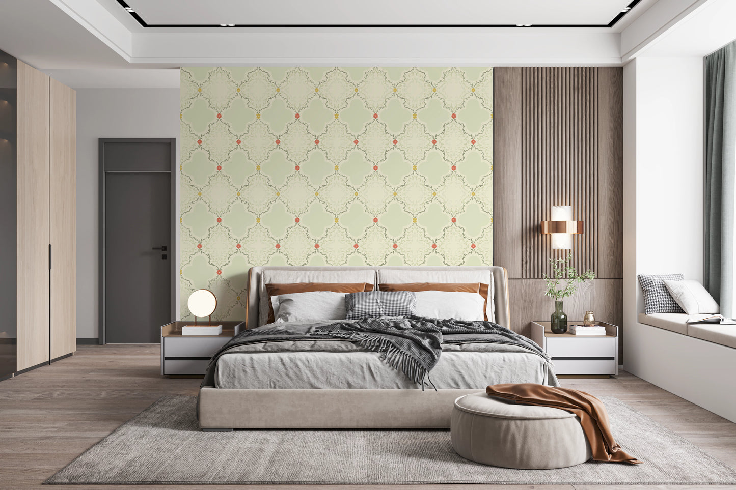 Light cream and green floral wall mural for a bright kitchen interior.