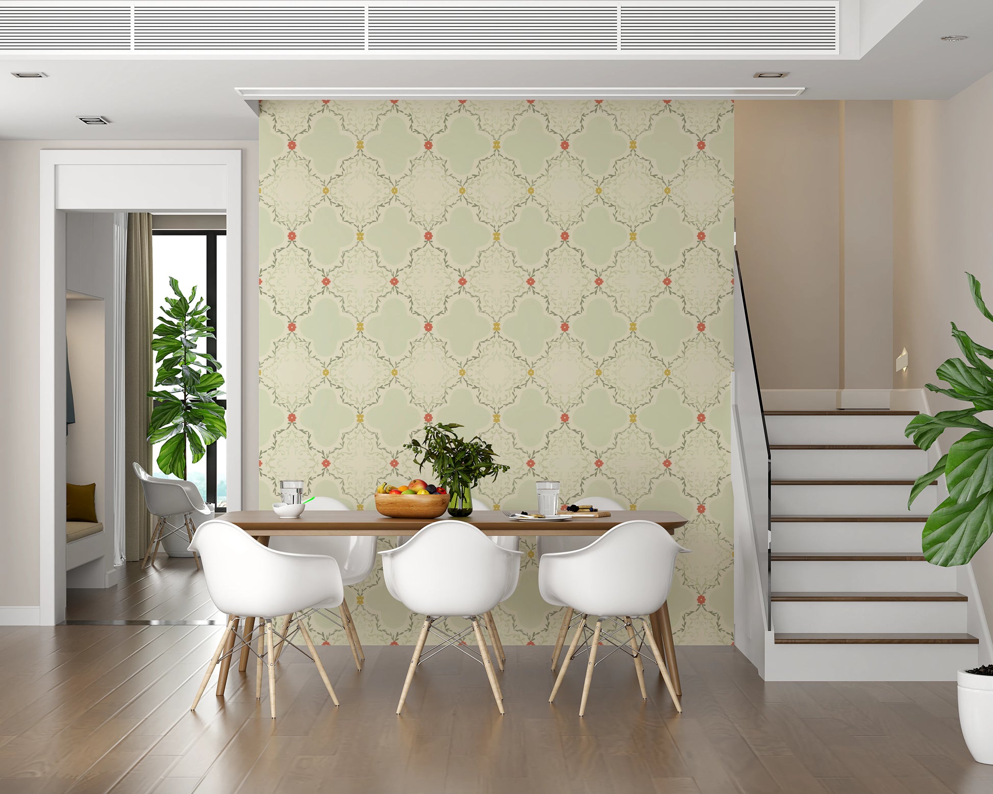 Sage green and terracotta botanical wallpaper for a classic living room style.