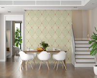 Sage green and terracotta botanical wallpaper for a classic living room style.