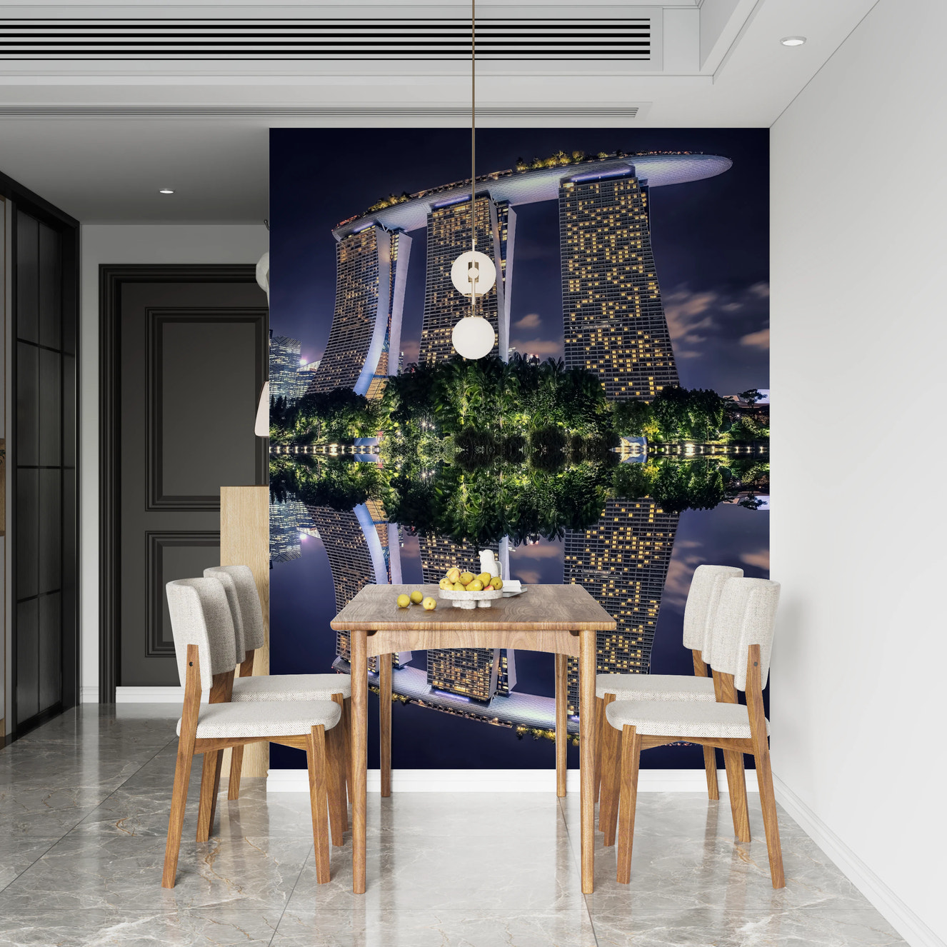 Singapore Reflection wall mural featuring three illuminated towers at night.