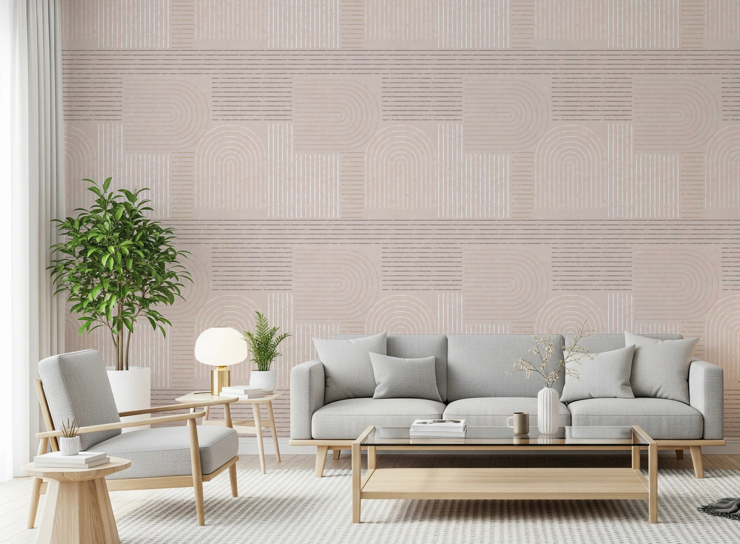 Japandi style wallpaper with cream and taupe lines for contemporary home decor
