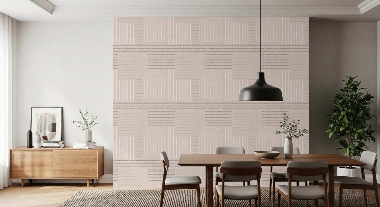 Japandi Line Harmony wallpaper with beige geometric arches for a modern living room