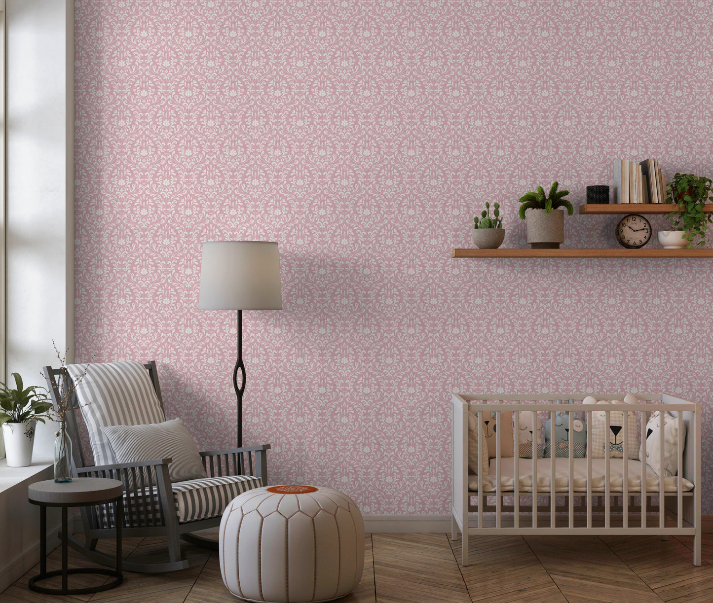 Vintage style pink wallpaper with white botanical motifs for homes