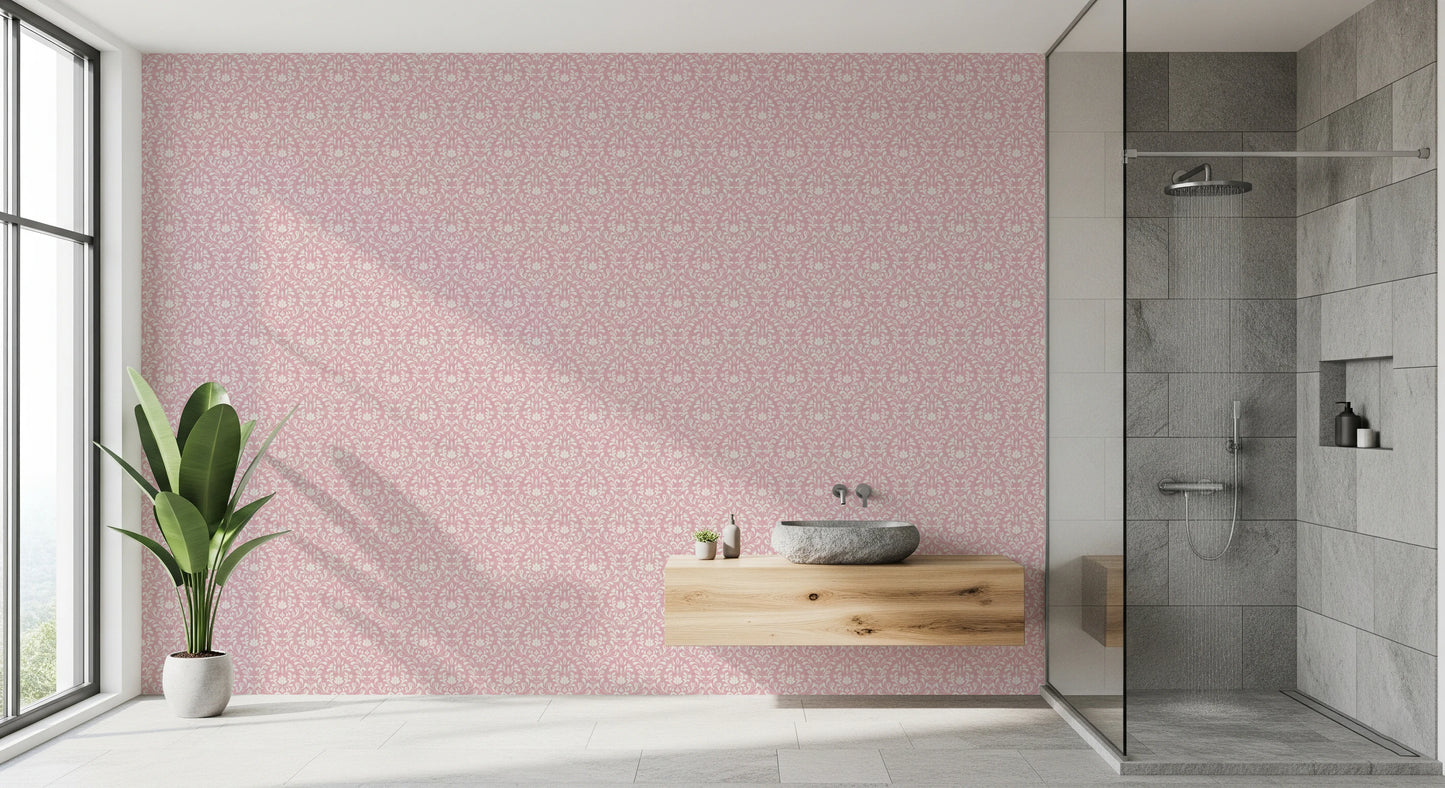 Delicate floral wall mural with a soft powder pink background design