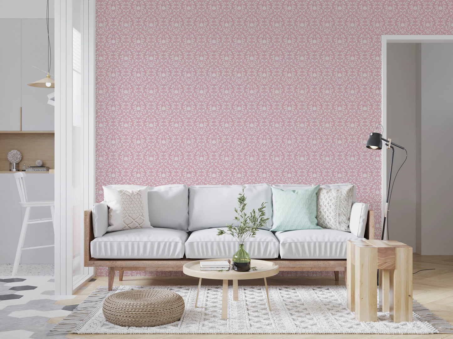 Symmetrical pink damask wall mural for a classic living room space