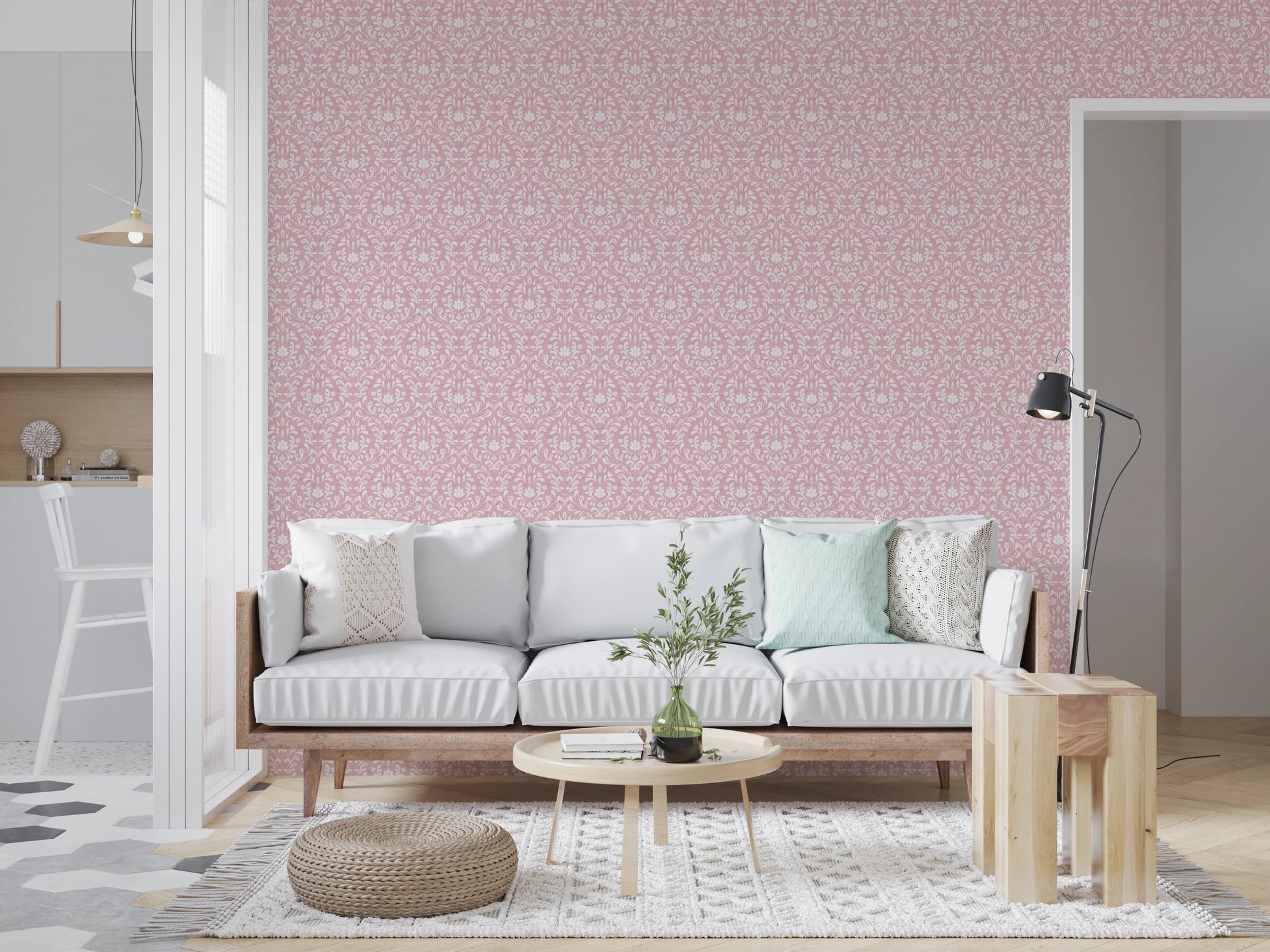 Symmetrical pink damask wall mural for a classic living room space
