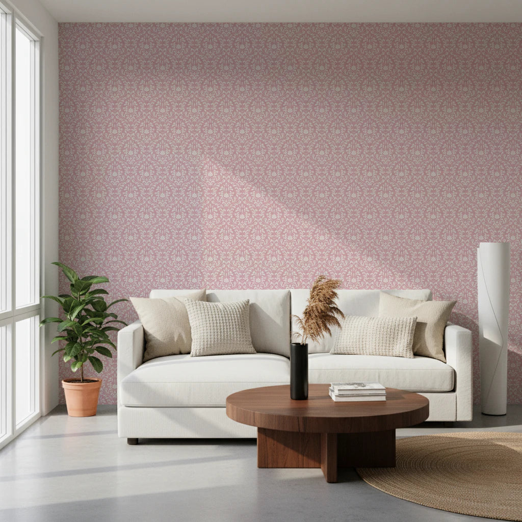 Intricate pink damask wall mural for stylish apartment interior décor