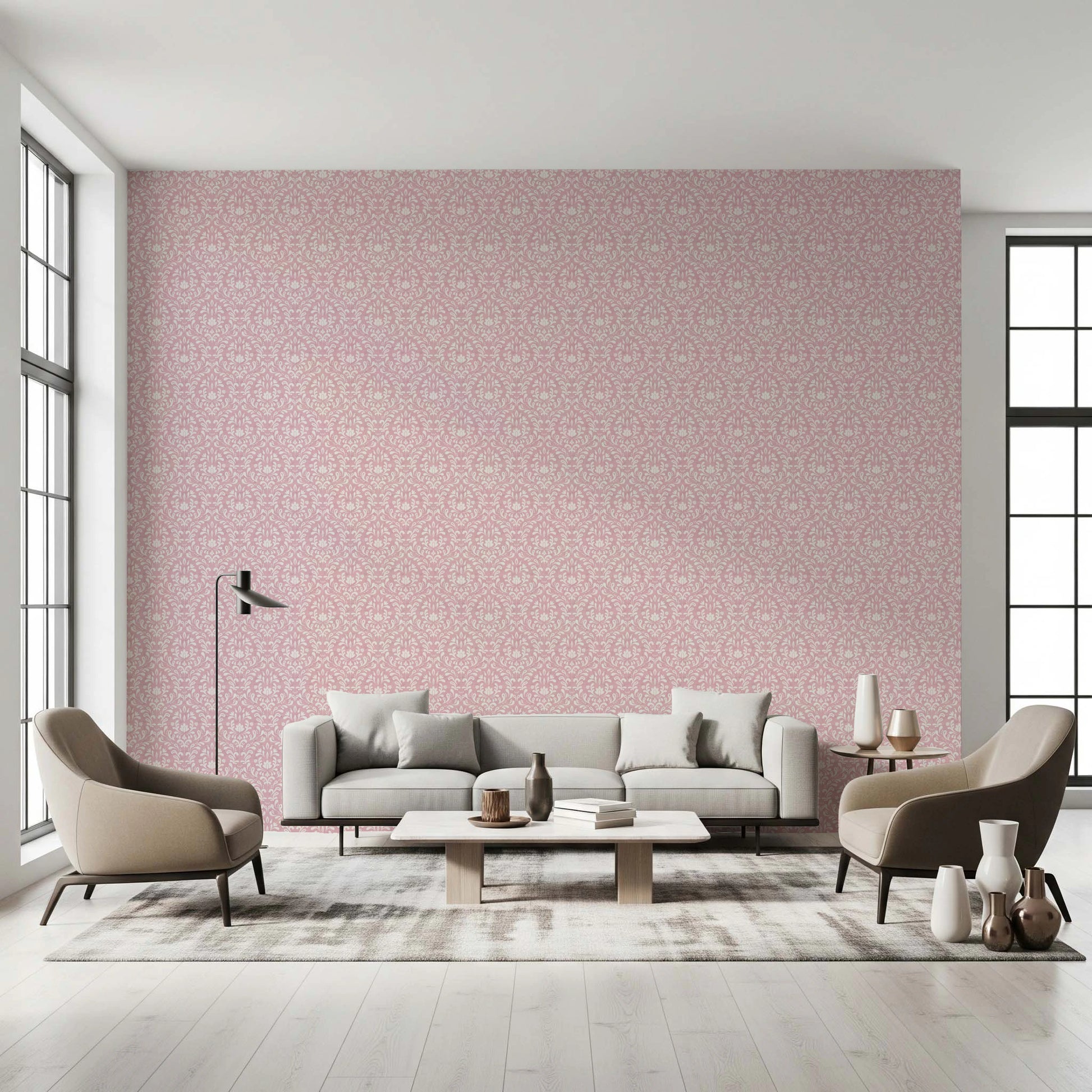 Modern pink damask wallpaper for a sophisticated home office setup
