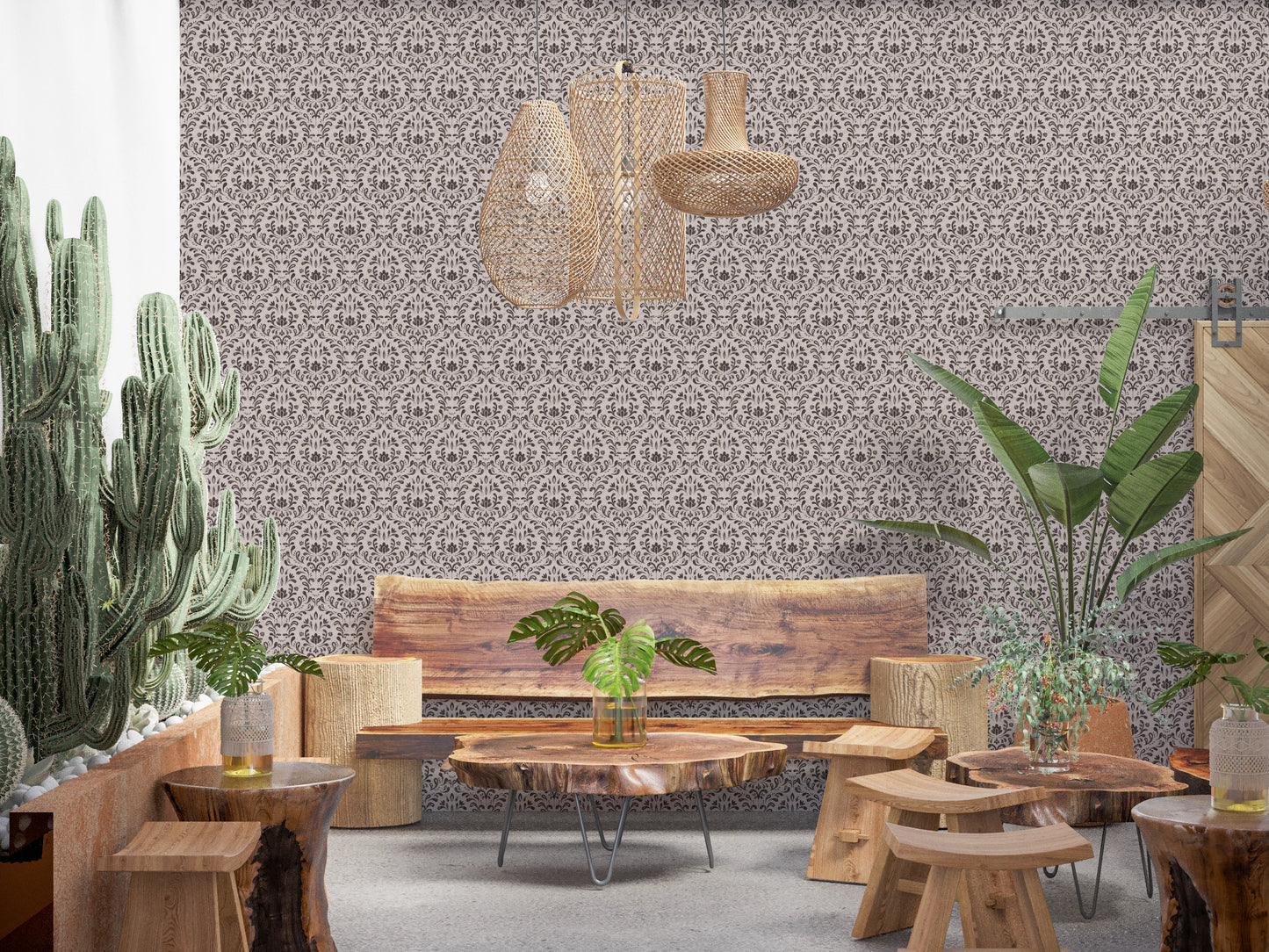 Rustic Damask Wallpaper featuring symmetrical botanical motifs