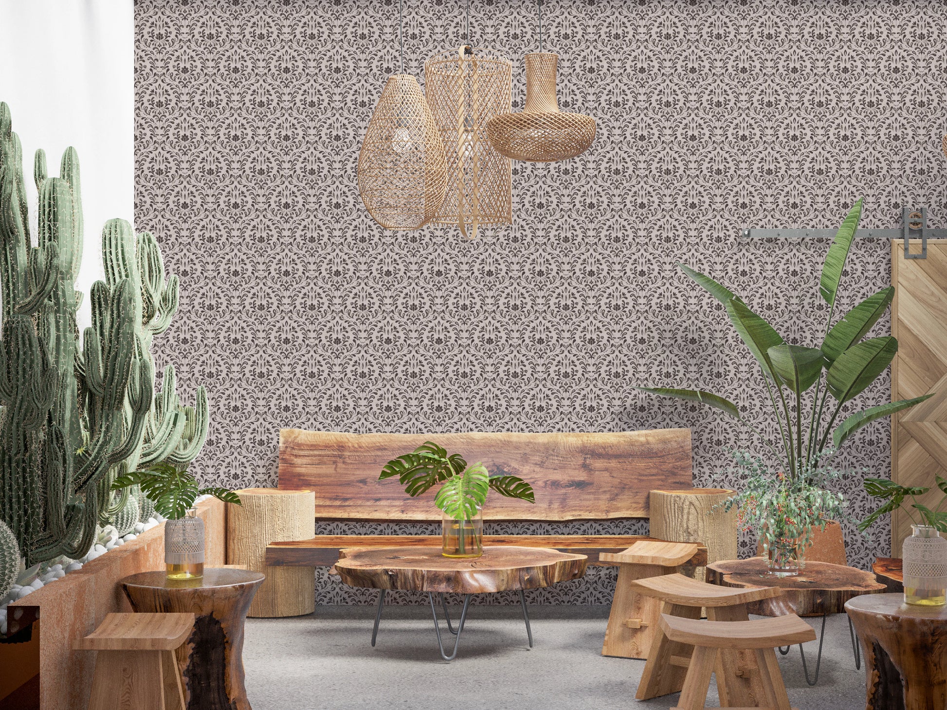 Rustic Damask Wallpaper featuring symmetrical botanical motifs