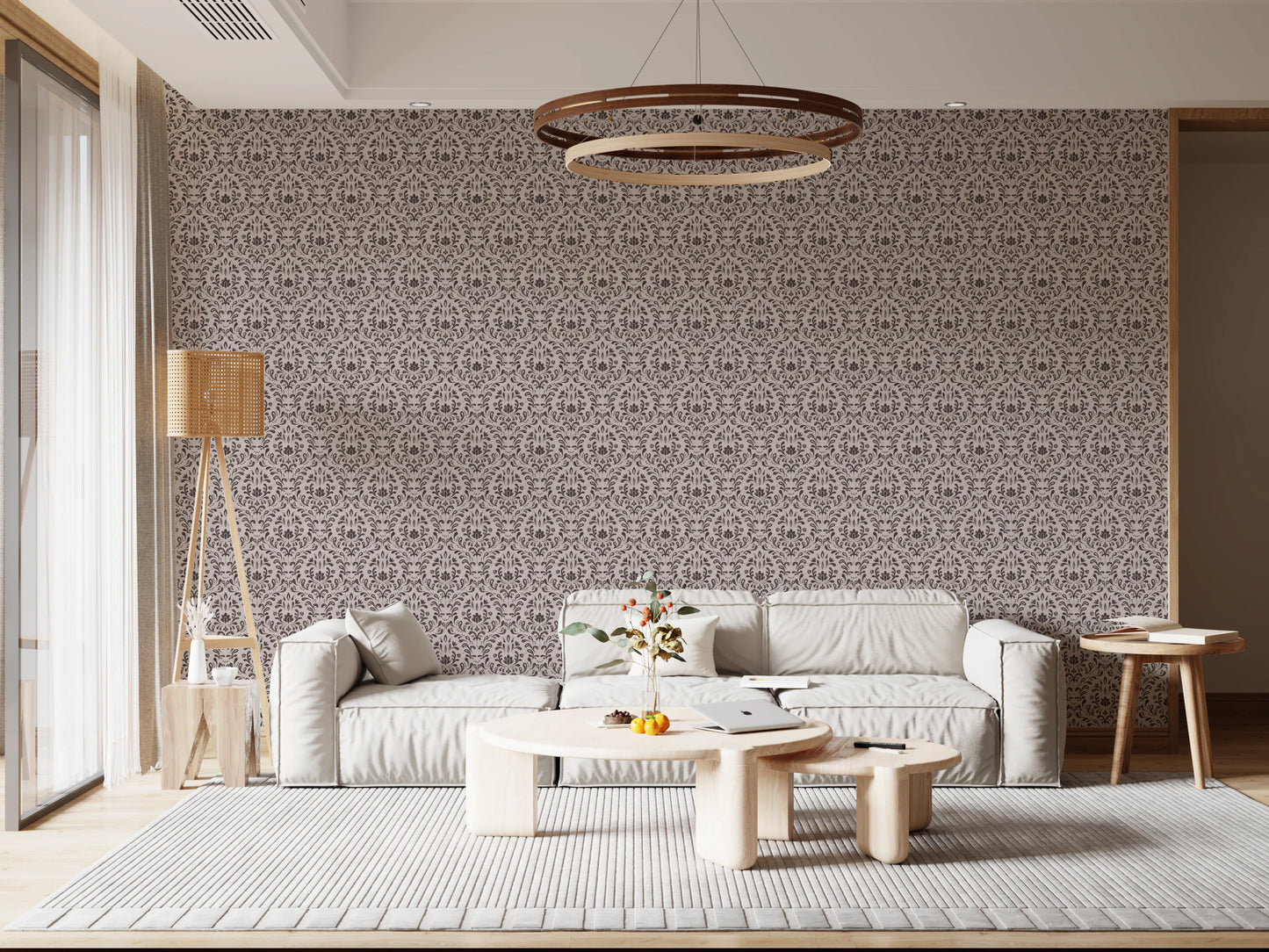 Beige and charcoal damask wallpaper for a classic bedroom wall