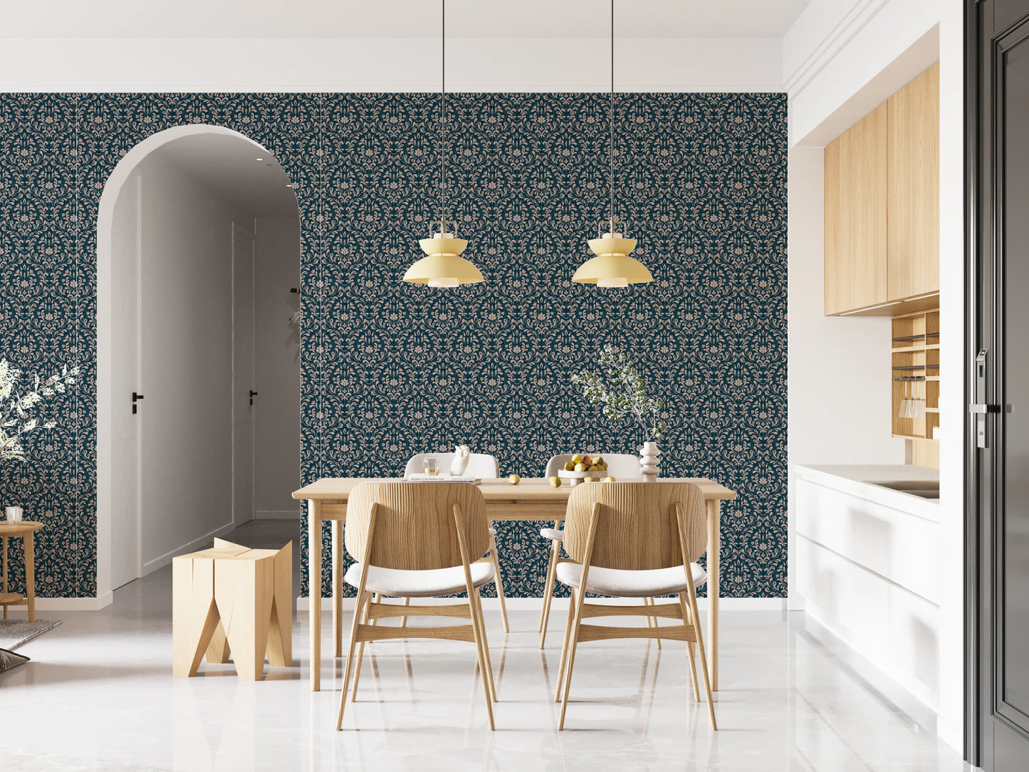 Intricate damask wallpaper for a classic and timeless interior aesthetic
