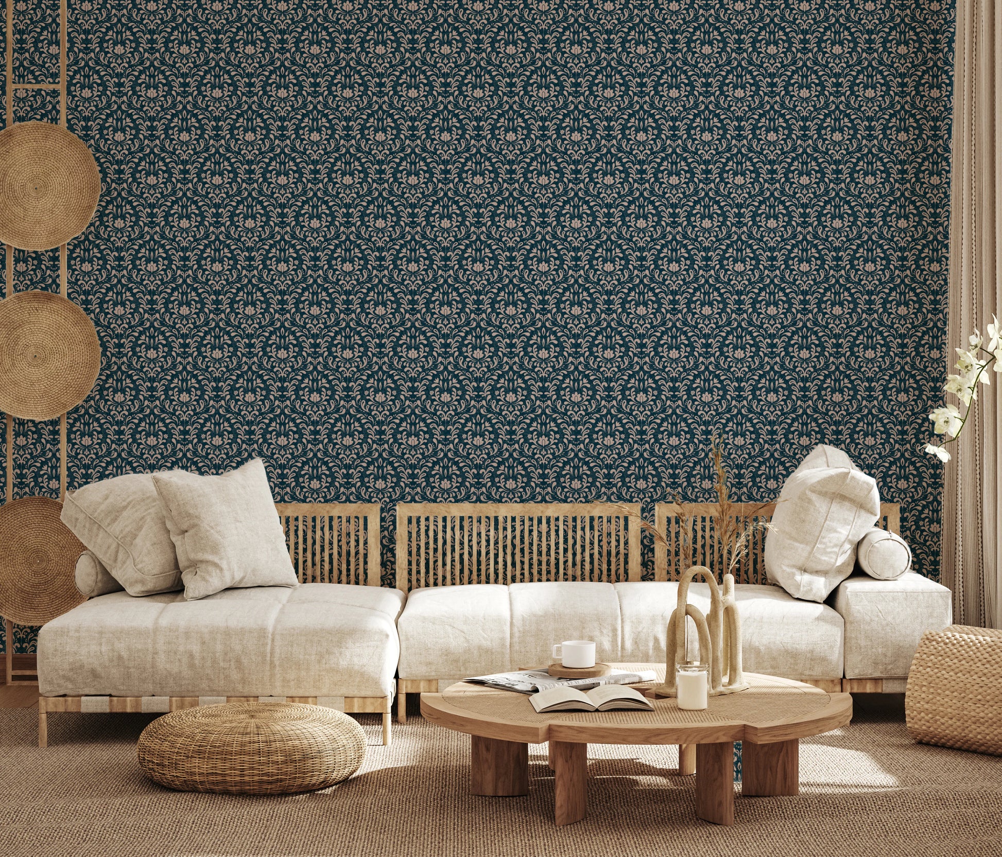 Classic damask wall mural in navy and pink for elegant living rooms